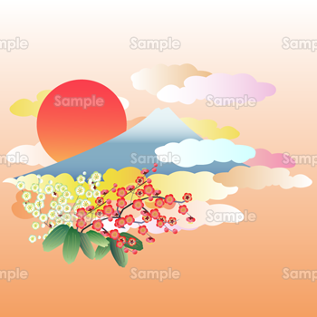 初日の出の富士山と梅の花