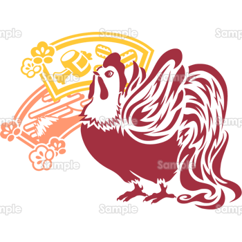 切り絵風の尾長鶏と小槌 富士 無料イラスト 年賀状プリント決定版