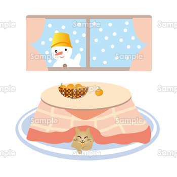 こたつで丸くなる猫と雪だるま 無料イラスト 年賀状プリント決定版 23