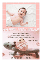 赤ちゃんを乗せた辰の出産報告年賀状-ファミリー